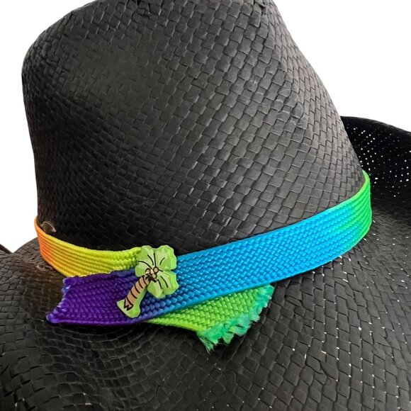 Scala Black Toyo Straw Cowboy Hat S/M Rainbow Band Western Style Rodeo Festival - Picture 6 of 12